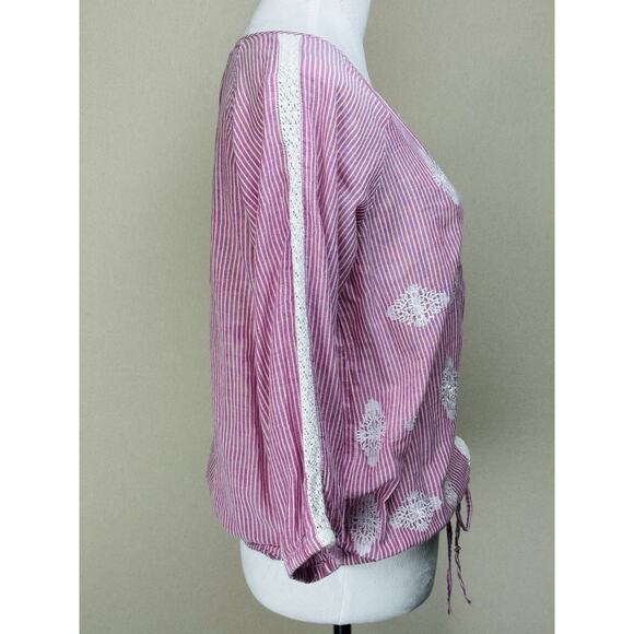 Women’s Pink White Striped Top Embroidered Lace Elastic Waist 3/4 Sleeves - Picture 6 of 13